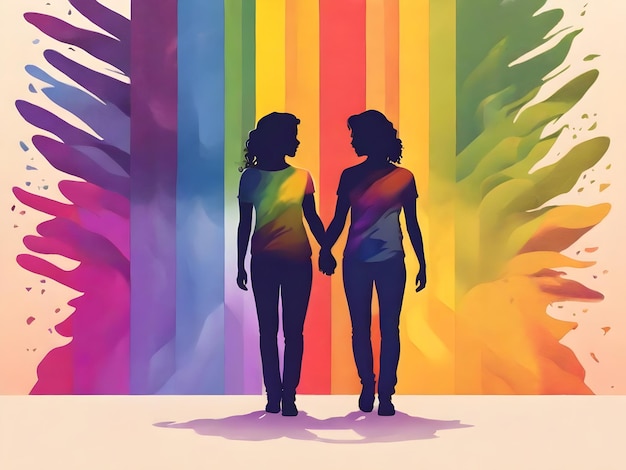 two women holding hands one of which is a rainbow colored