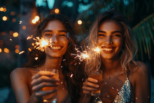 two women holding sparklers with sparklers in the background