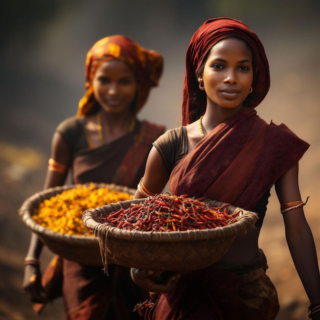 Two women holds woven baskets with colourful chilli spice harvest