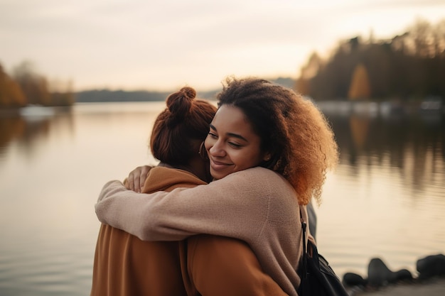 Two women hugging by a lake