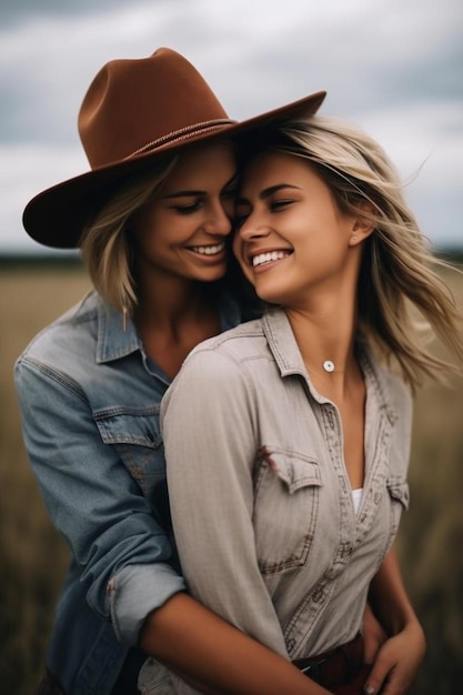 two women hugging in a field one of which has a hat on