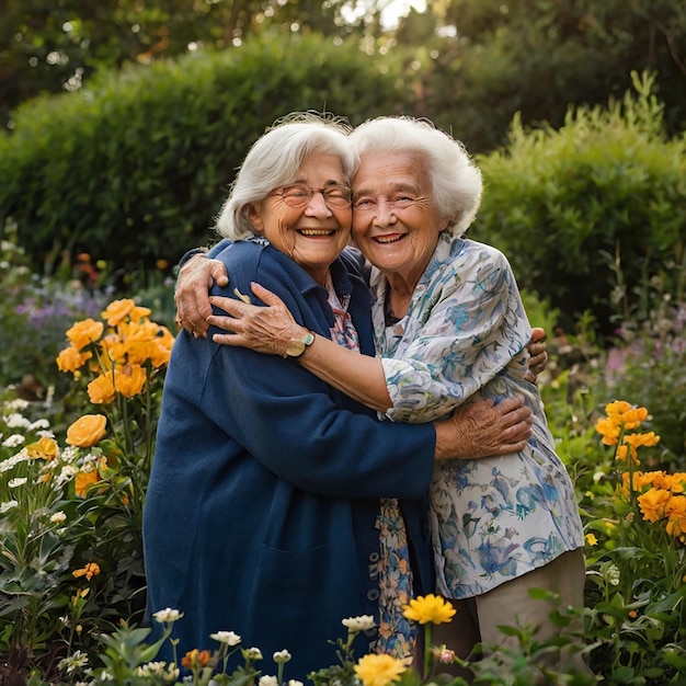 two women hugging in a garden of flowers one of which has the word on it