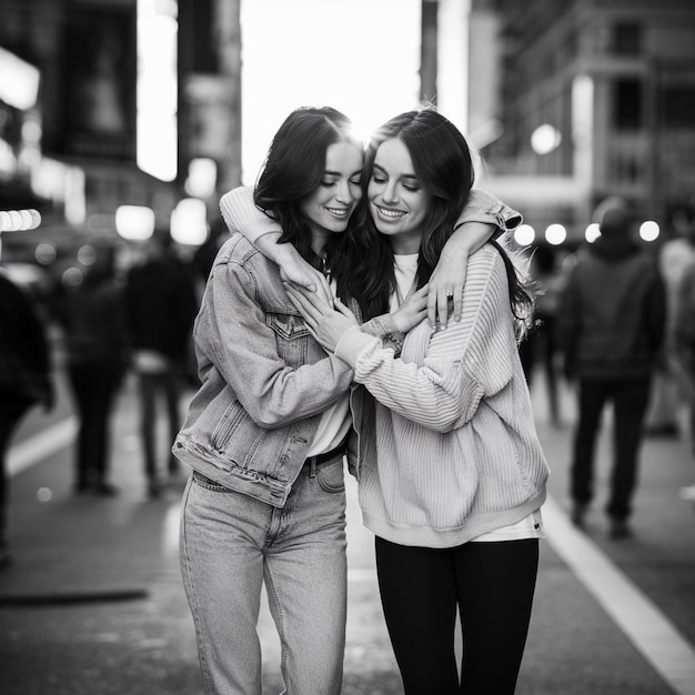 two women hugging and one has a scarf around their neck