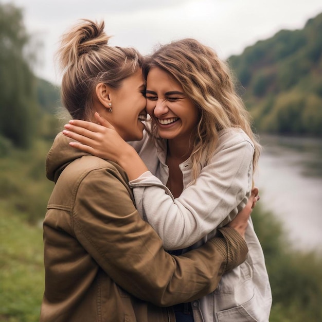 two women hugging and one has a smile on her face