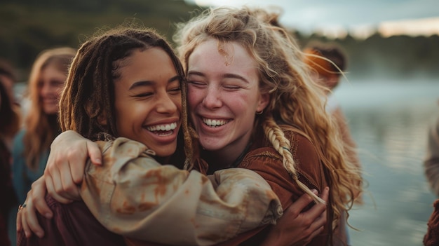 Photo two women hugging and one has a smile that says  happy  on the right