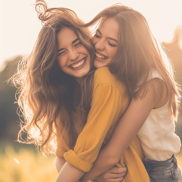 two women hugging and one has a white shirt that says the word on it friendship day