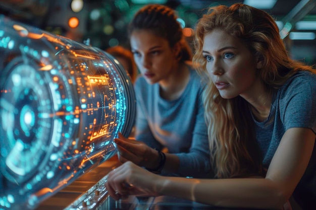 Two women intensely focus on examining a futuristic holographic device showcasing teamwork and advan