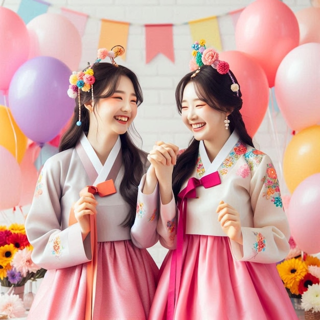 two women in kimonos are standing in front of a banner that says kimchi