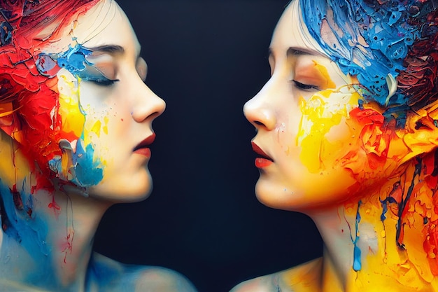 two women kissing bathed in oil painting, digital illustration 3d lgbt