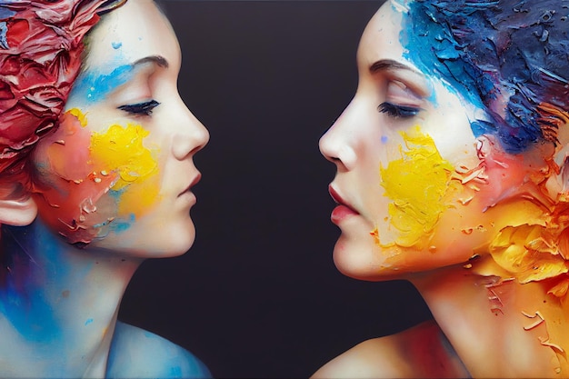 two women kissing bathed in oil painting, digital illustration 3d lgbt