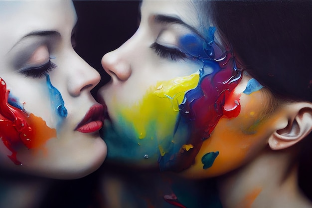 two women kissing bathed in oil painting, digital illustration 3d lgbt