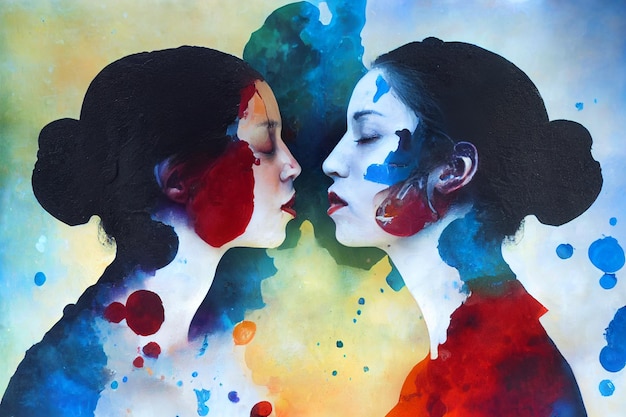 two women kissing bathed in oil painting digital illustration