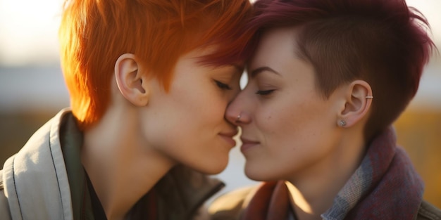 Two women kissing on a date