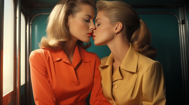 Two women kissing each other in train