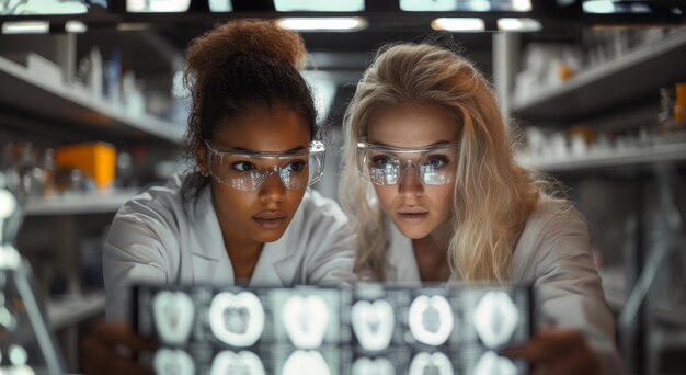 Photo two women in lab coats analyze xrays closely under bright laboratory lights demonstrating scientific