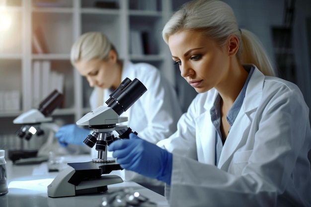 Two women in lab coats look through a microscope.