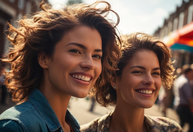 Two women laugh together while walking outdoors the image is full of joy and friendship