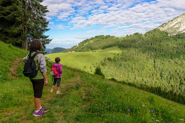 Two women look at the mountain