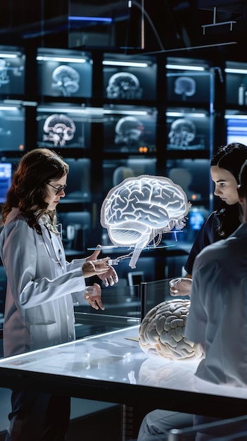 Photo two women looking at a brain that is being lit up by a man