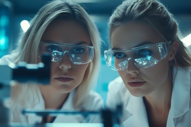 two women looking through a microscope with a blue lens