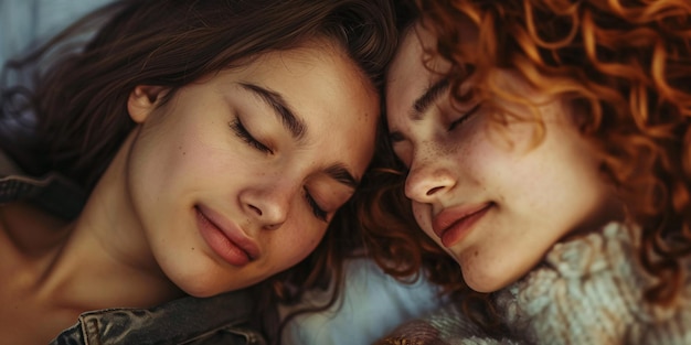 Two women in love with closed eyes relaxing in their residence