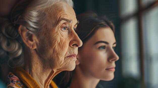 Two women observing scenery outside a window