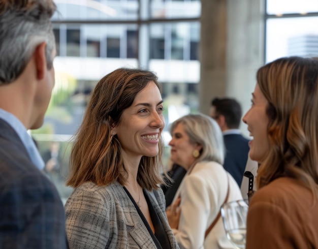 two women and one man in their late thirties smiling and talking to each other at an office event