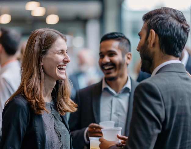 two women and one man in their late thirties smiling and talking to each other at an office event