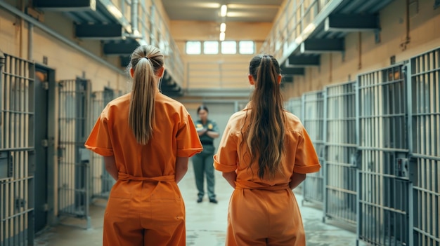 Two women in orange prison uniforms stand in a cell block