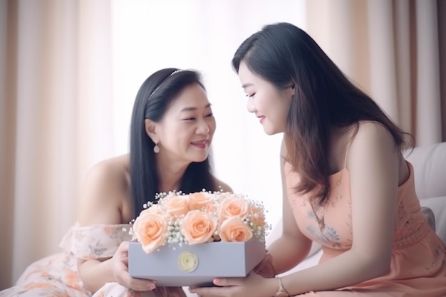 Two women in pink dresses are holding a box of flowers with the word love written on it.