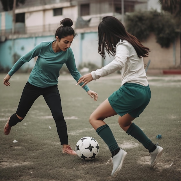 Two women playing soccer, one wearing a green skirt and the other wearing a green shirt.