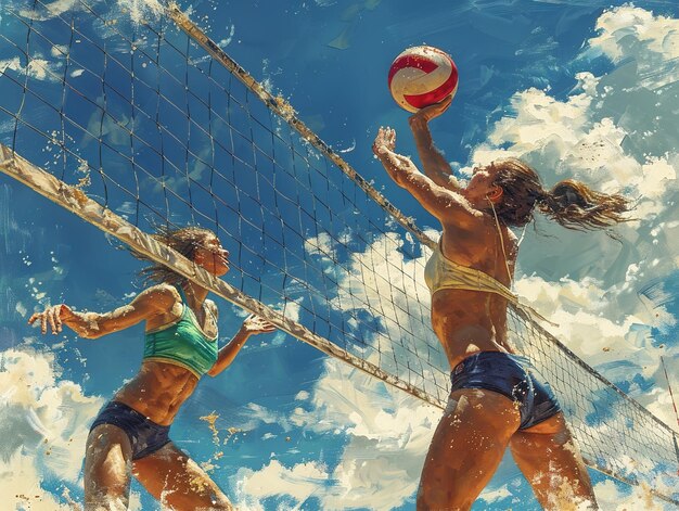 two women playing volleyball with a blue sky in the background