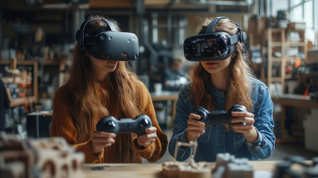 Two Women Playing VR Games in a Workshop