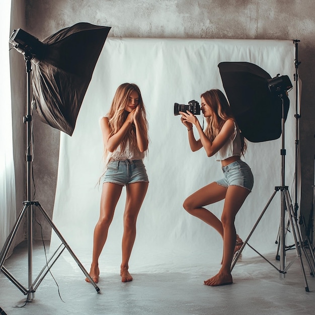 Photo two women pose in front of a white backdrop for a photo shoot