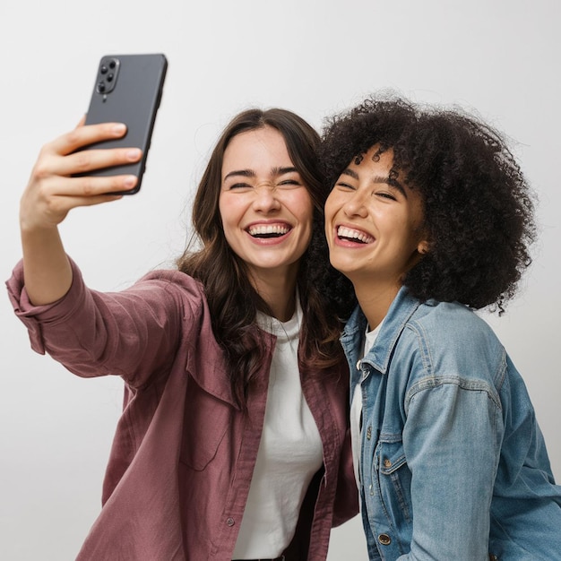 two women pose for a photo with a black phone