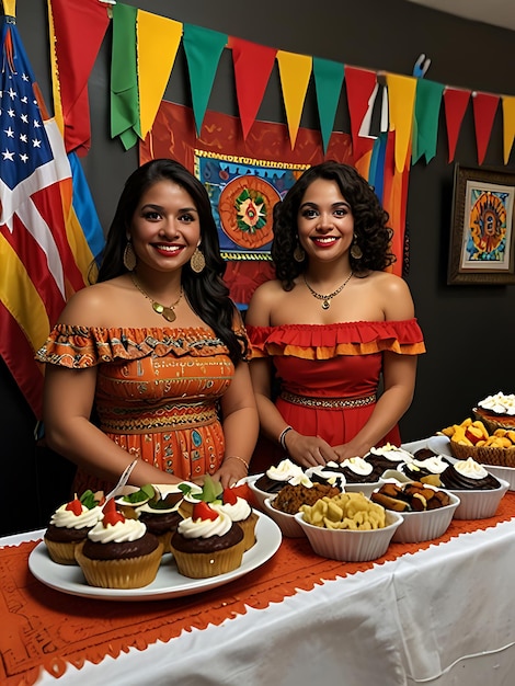 Photo two women pose for a photo with cupcakes on the table