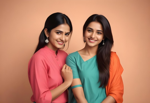 two women pose for a photo with one wearing a green and orange shirt