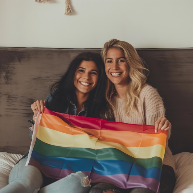 two women pose for a picture with a rainbow flag