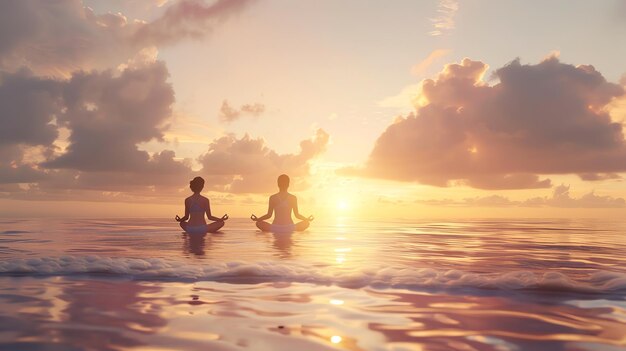 Two women practice yoga on the beach at sunset