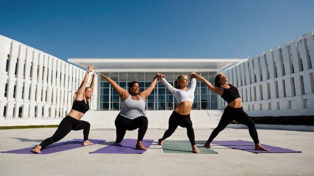 Two women practicing yoga outdoors in a tranquil environment