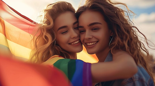 Photo two women in a rainbow colored shirt are hugging each other