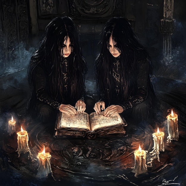 two women reading a book in the dark with candles in the background