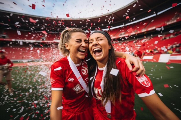 Photo two women in red jerseys are hugging each other with the word  on them