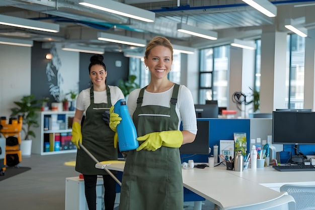 Photo two women in a room with a blue spray bottle