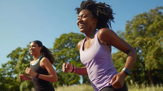 Two women running together outdoors