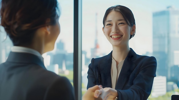 Two women shaking hands in a business setting