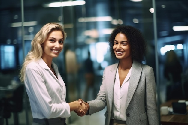 two women shaking hands, one of them is wearing a suit and the other is wearing a white shirt and the other has a smile on her face.