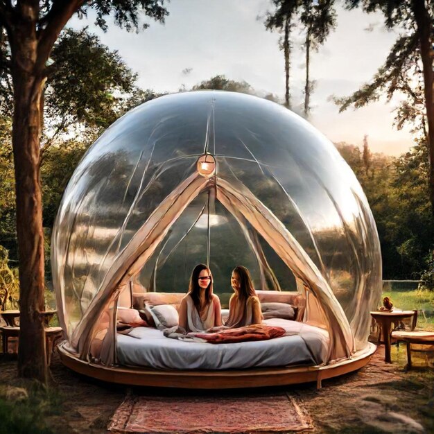 Photo two women sit in a bubble shaped tent with a woman sitting on it