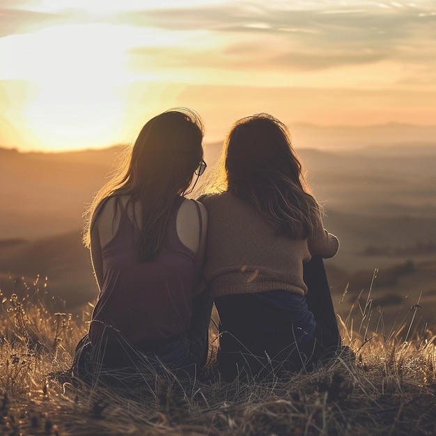 two women sit in a field and look at the sunset