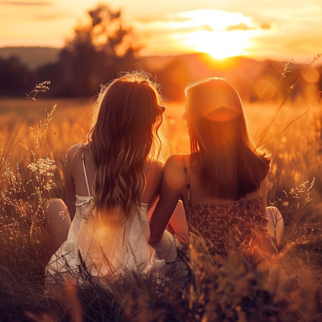 two women sit in a field and look at the sunset